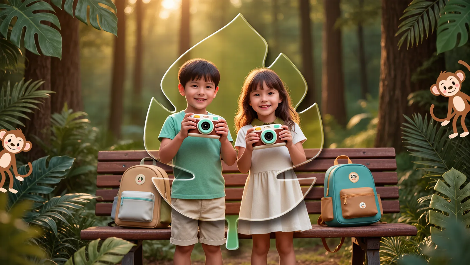 Appareil photo enfant : deux enfants photographient dans un décor de jungle — appareil photo pour enfant dès 3 ans